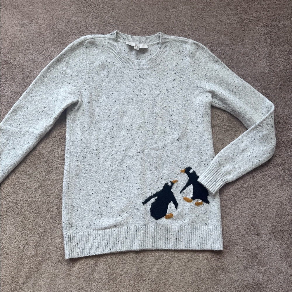 LOFT Speckled Cream Sweater with Penguin Design